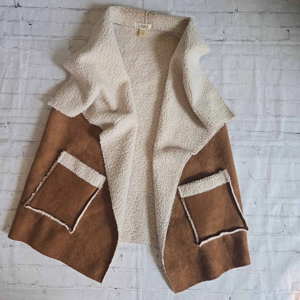 B-Sharp Womens Faux Suede Sherpa Lined Vest Tan Open Front Waterfall S/M